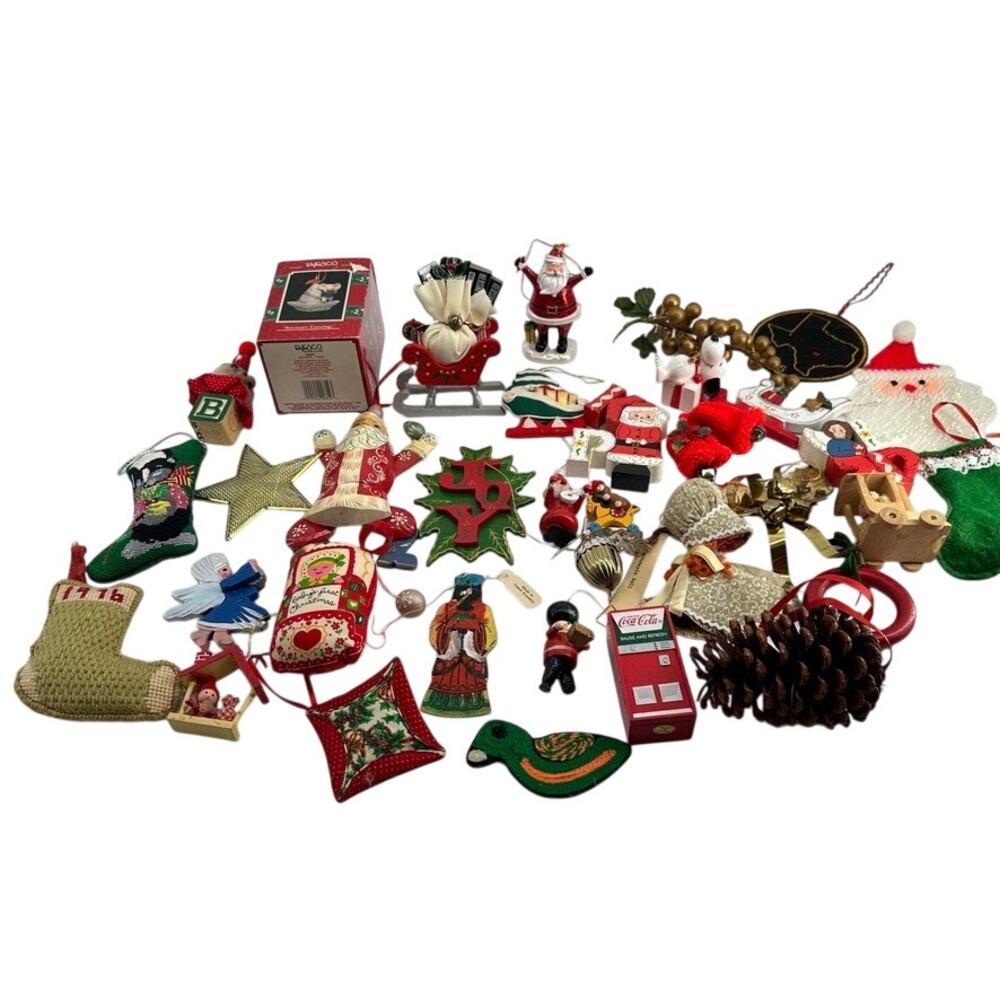 35 Pc Vintage Christmas Ornament Lot Coca Cola Enesco Handmade Wood Folk Decor